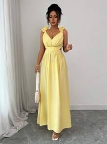 Elenzga Vestido elegante de mujer de unicolor con dobladillo con volantes, abertura en la cintura y diseño con espalda descubierta con cordones