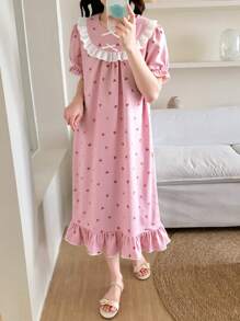 White Bow Ruffle Trim Red Cherry Bubble Crinkle Long Sleeve Nightgown Loungewear, For Teenage Girls - Pink - View 9