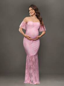 Cheriluna Maternity Vestido largo de maternidad de ajustado con encaje y red, perfecto para bautizo o fiesta de bebé - Rosa - Ver 3