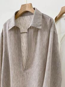 SHEIN Áo thun chui đầu cổ chữ V sâu phong cách Pháp thoải mái, rộng rãi - Màu Khaki - Xem 3