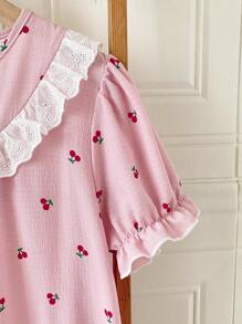 White Bow Ruffle Trim Red Cherry Bubble Crinkle Long Sleeve Nightgown Loungewear, For Teenage Girls - Pink - View 5