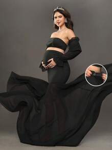 Cheriluna Maternity 孕妇露肩长袖短款上衣和美人鱼下摆中裙套装，适合婴儿洗礼/派对拍摄服装