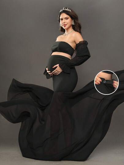 Cheriluna Maternity 孕妇露肩长袖短款上衣和美人鱼下摆中裙套装，适合婴儿洗礼/派对拍摄服装