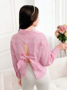 少女休闲通勤条纹后背系带衬衫 - 粉色 - 查看 7