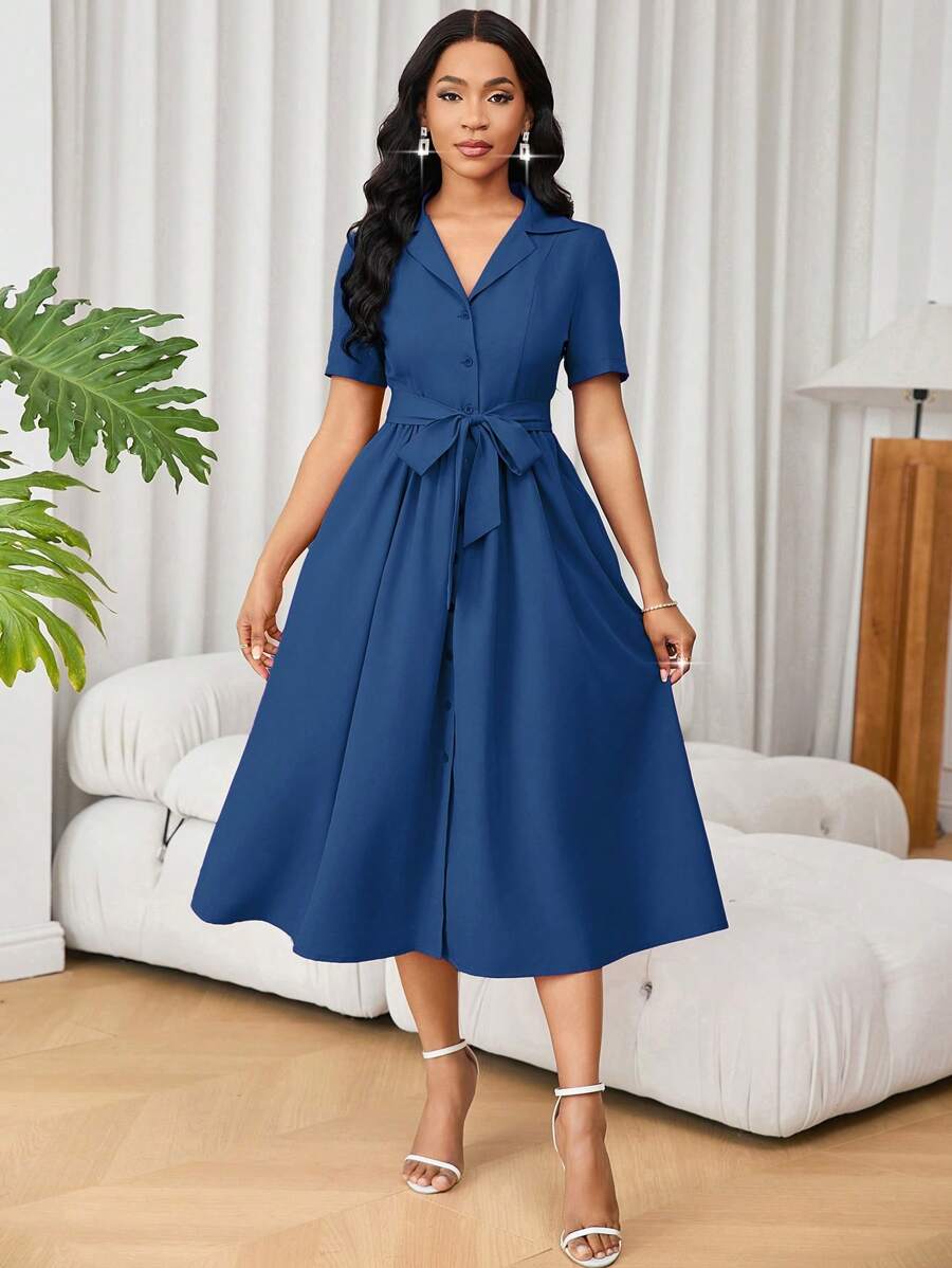 SHEIN Unity 女士通勤简约纯色翻领短袖单排扣连衣裙，夏季 - 藍色 - 查看 1