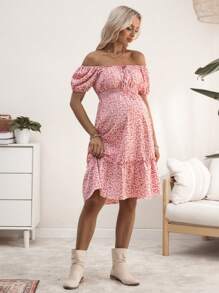 SHEIN Ditsy Floral 露肩孕妇休闲度假连衣裙 - 粉色 - 查看 4