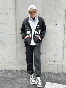 SHEIN 青少年男孩休闲夹克，外套，赛车英文图案印花，适合秋季，适合冬季，适合保暖，适合大学，适合家居