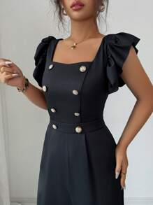 Elenzga Women's Elegant Commuting Fashion Exquisite Ruffled Cap Sleeve Button-Front Jumpsuit - Black - View 6