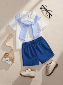 SHEIN 2pcs Set Boy Lapel Woven Cardigan Shirt + Solid Color Elastic Waist 5-Minute Shorts Sports Casual Outfit + Shawl, Baby Boy Summer Outfit Set, Baby Boy Royal Blue Set, Baby Boy Summer Clothes, Baby Boy Clothes Set, Summer Outfit Baby Boy - Navy Blue - View 1