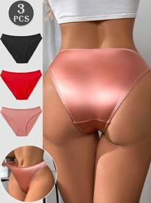 SHEIN 3 件装女士简约纯色闪亮光滑三角裤性感低腰透气弹力内裤 - 彩色 - 查看 2