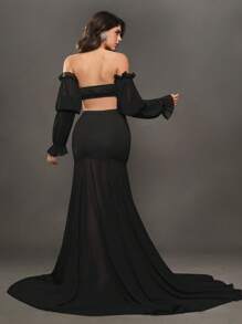 Cheriluna Maternity 孕妇露肩长袖短款上衣和美人鱼下摆中裙套装，适合婴儿洗礼/派对拍摄服装