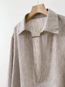 SHEIN Áo thun chui đầu cổ chữ V sâu phong cách Pháp thoải mái, rộng rãi - Màu Khaki - Xem 5