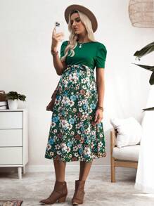 SHEIN 女士花卉印花泡泡袖超长孕妇装，优雅度假 - 綠色 - 查看 3