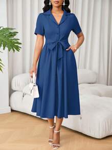 SHEIN Unity 女士通勤简约纯色翻领短袖单排扣连衣裙，夏季 - 藍色 - 查看 5