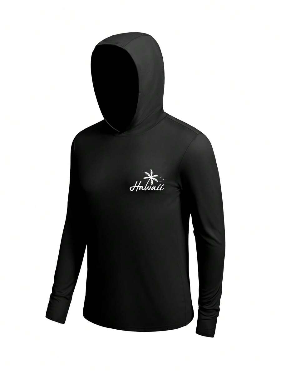 Manfinity KASUA Men's Coconut Tree & Letter Print Hooded Surf T-Shirt - Black - View 1
