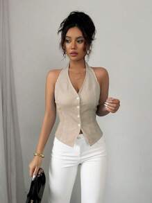 Elenzga Women's Fashionable & Elegant Commuter Striped Lapel Full Button Closure Fitted Waistcoat - Multicolor - View 3