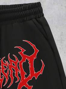 ROMWE MEN Goth Men's Gothic Letter Print Drawstring Waist Loose Casual Shorts - Black - View 5