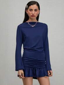 COUREZ 斜领长袖迷你连衣裙/女士夏季穿搭/夏季外出休闲连衣裙/Y2K复古风 - 棕色 - 查看 2