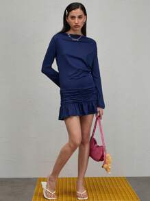 COUREZ 斜领长袖迷你连衣裙/女士夏季穿搭/夏季外出休闲连衣裙/Y2K复古风 - 棕色 - 查看 3