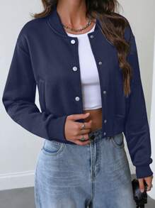 SHEIN Essnce 女式前扣长袖口袋简约夹克，适合日常穿着的休闲装 - 寶藍色 - 查看 3