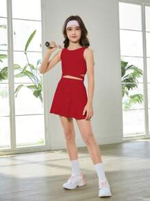Tween Girls White Solid Color Spring/Summer Outfit, Minimalist Solid Color Comfortable Versatile Suit, Collegiate Casual Sportswear, Running/Outdoor Chic High Waist Design Snug Fit & Lengthening All-Match Girls Suit - Red - View 6