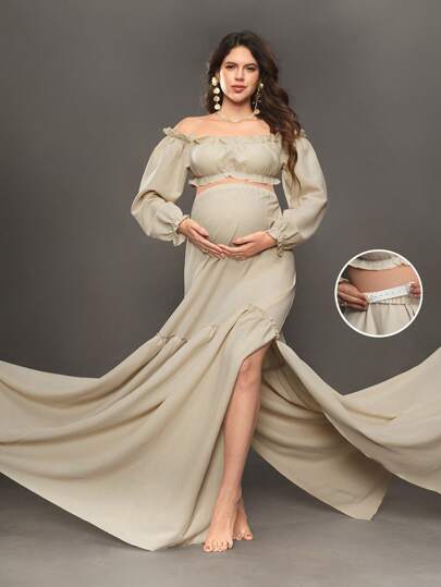 SHEIN 2 件孕妇摄影服装，优雅派对礼服