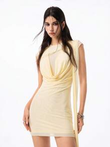 LYSMO Women's Sleeveless Draped Summer Mini Dress,Pale Yellow,Elegant,Night Out Flowing Scarf Detail,Beach Vacation Birthday Party Outfits,Office Wear - Cream - View 6