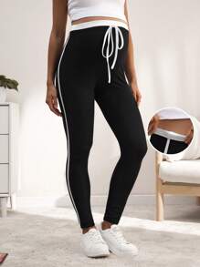 SHEIN 孕妇弹力腰拼接黑白打底裤，秋冬休闲 - 黑色 - 查看 1