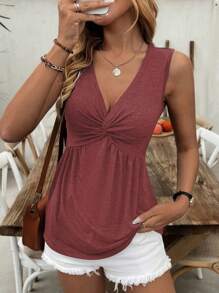 SHEIN LUNE 女式休闲 V 领无袖上衣，正面扭纹和褶饰，夏季 - 紅色 - 查看 4