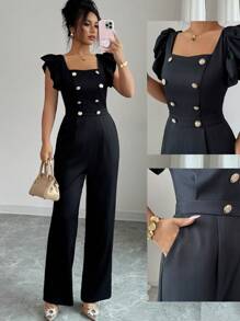 Elenzga Women's Elegant Commuting Fashion Exquisite Ruffled Cap Sleeve Button-Front Jumpsuit - Black - View 1