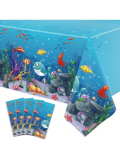 Underwater Fantasy Dinnerware Set Reusable Plastic Plates Cups Oceanic Creatures Tablecloth Waterproof Fabric Marine Life Decor Birthday Party Decorations Coastal Theme Tablescape ASMR Crinkle Sound Celebration