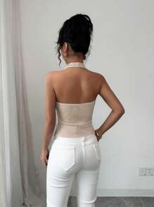 Elenzga Women's Fashionable & Elegant Commuter Striped Lapel Full Button Closure Fitted Waistcoat - Multicolor - View 2