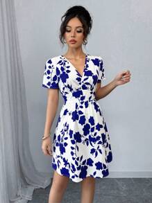 Selianne Women Elegant Ruched Print Bodycon Mini Dress, Suitable For Commuting And Everyday Wear