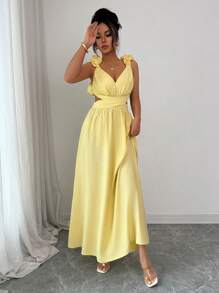 Elenzga Vestido elegante de mujer de unicolor con dobladillo con volantes, abertura en la cintura y diseño con espalda descubierta con cordones