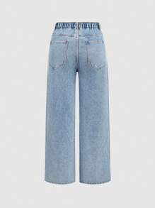 SHEIN Tall CURVE Tall CURVE Plus Size Women Rhinestone Embellished Blue Wide Leg Rhinestone Jeans Tall Jeans Valentine's Day - Blue - View 2