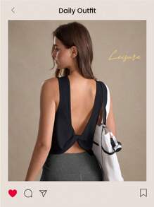 Eassivo Eassivo Women's Round Neck Twist Back Casual Sports Tank Top - Black - View 2