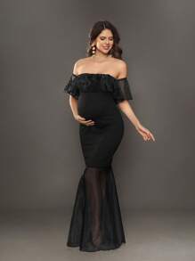SHEIN Solid Off Shoulder Ruffle Organza Mermaid Long Maternity Dress For Baby Shower/Christening/Party - Black - View 4