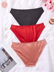 SHEIN 3 件装女士简约纯色闪亮光滑三角裤性感低腰透气弹力内裤 - 彩色 - 查看 6