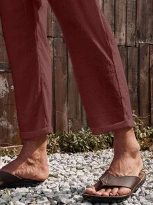 Manfinity RSRT Men's Casual Drawstring Waist Solid Color Linen Boho Pants - Dark Red - View 5