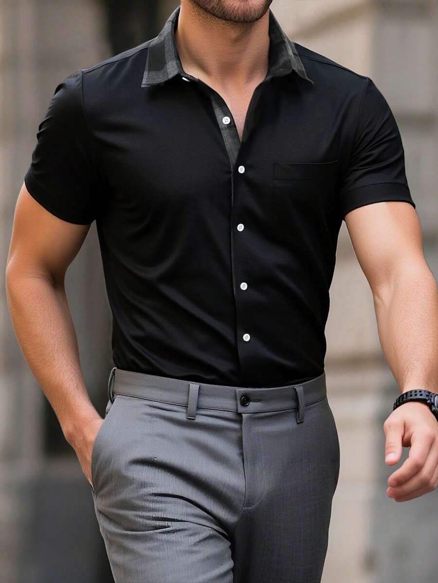 Manfinity Mode Camisa de manga corta informal de hombre a cuadros con parches - Negro - Ver 1