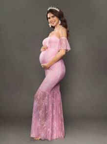 Cheriluna Maternity Vestido largo de maternidad de ajustado con encaje y red, perfecto para bautizo o fiesta de bebé - Rosa - Ver 6