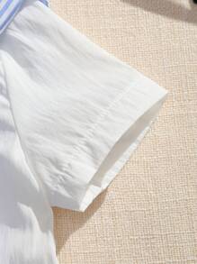 SHEIN 2pcs Set Boy Lapel Woven Cardigan Shirt + Solid Color Elastic Waist 5-Minute Shorts Sports Casual Outfit + Shawl, Baby Boy Summer Outfit Set, Baby Boy Royal Blue Set, Baby Boy Summer Clothes, Baby Boy Clothes Set, Summer Outfit Baby Boy - Navy Blue - View 3