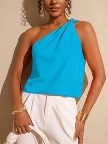 Vesra Women's Pleated Fashion One-Shoulder Tie Front Top Summer - Blue - View 4