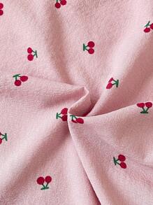 White Bow Ruffle Trim Red Cherry Bubble Crinkle Long Sleeve Nightgown Loungewear, For Teenage Girls - Pink - View 8