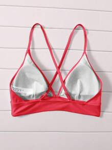 SHEIN Swim Women's Solid Color Criss-Cross Backless Bikini Top, Minimalistic Beach Vacation Style For Summer - Coral Pink - View 2
