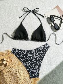 Swim Mod Women's Vacation Striped Print Halter Tie Open Back Sexy Bikini, Printed Pattern Random Summer - Multicolor - View 2