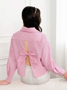 少女休闲通勤条纹后背系带衬衫 - 粉色 - 查看 1