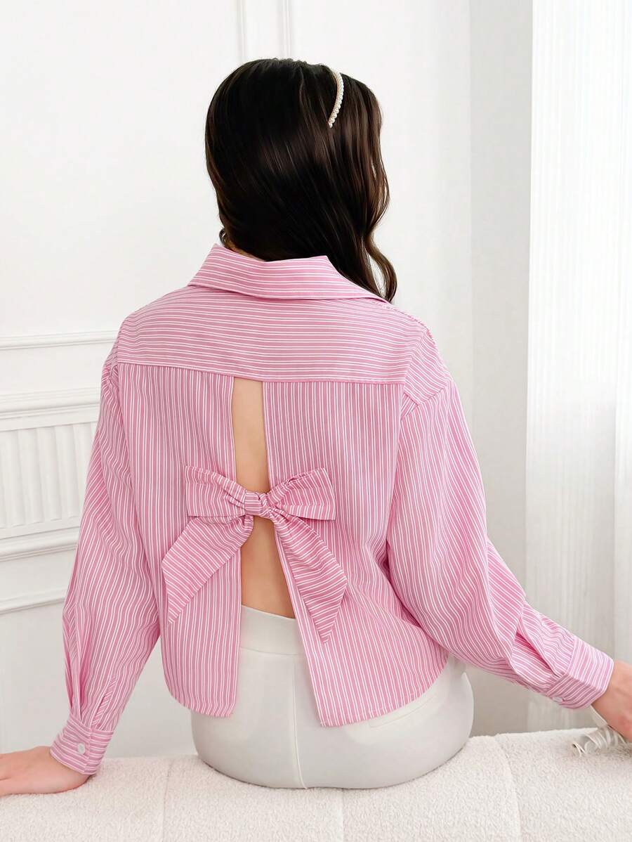 少女休闲通勤条纹后背系带衬衫 - 粉色 - 查看 1