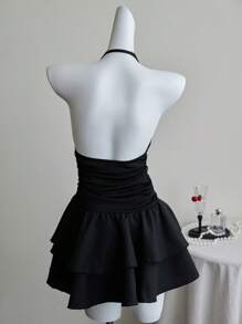 Elamini 黑色罗纹针织编织组合金属链装饰低胸领口露背紧身褶饰下摆分层荷叶边迷你露背礼服，度假派对性感时尚休闲夏季服装，适合日常、购物、约会、生日 - 黑色 - 查看 2