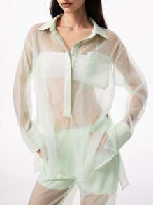 LYSMO Women's Mint Green Semi-Transparent Patchwork Lightweight Asymmetrical Summer Elegant Seksi Chic Club Night Oversized Shirt For Beach Vacation 2025 - Green - View 6